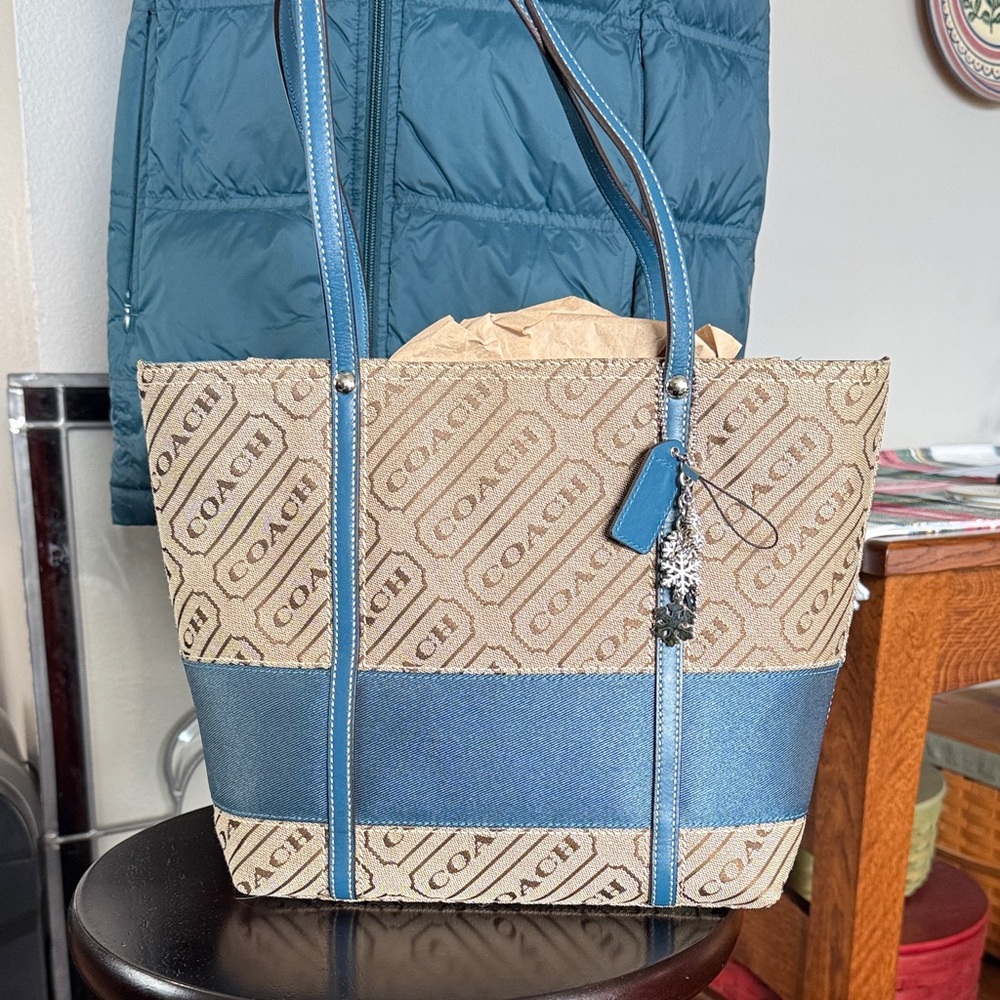 Coach Signature Tan and Blue Tote